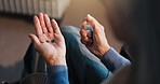 Senior, woman or hands with pills for medication, medical treatment or prescription in nursing home. Female person, elderly patient or tablets with container for antibiotics, cure or pharmaceuticals