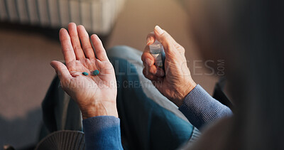 Buy stock photo Senior, woman or hands with pills for medication, medical treatment or prescription in nursing home. Female person, elderly patient or tablets with container for antibiotics, cure or pharmaceuticals