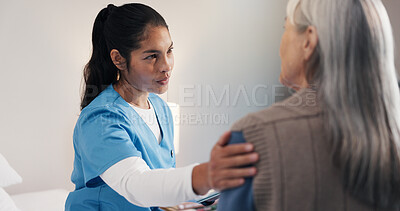 Buy stock photo Empathy, healthcare and nurse with old woman in retirement home for care, conversation or feedback. Comfort, consoling and medical professional with hand on shoulder of senior patient for consulting
