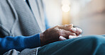 Mental health, old person or hands in home with thinking, regret or overwhelmed with trauma memory. Nerves, space or senior woman in house with flashback, guilt or emotional thoughts in retirement.