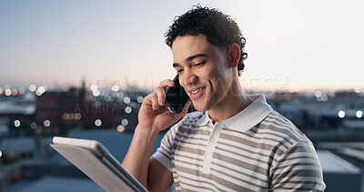 Buy stock photo Phone call, tablet and businessman in city for communication, contact and feedback on web development. Happy, technology and software engineer on mobile discussion for UX design on rooftop in evening