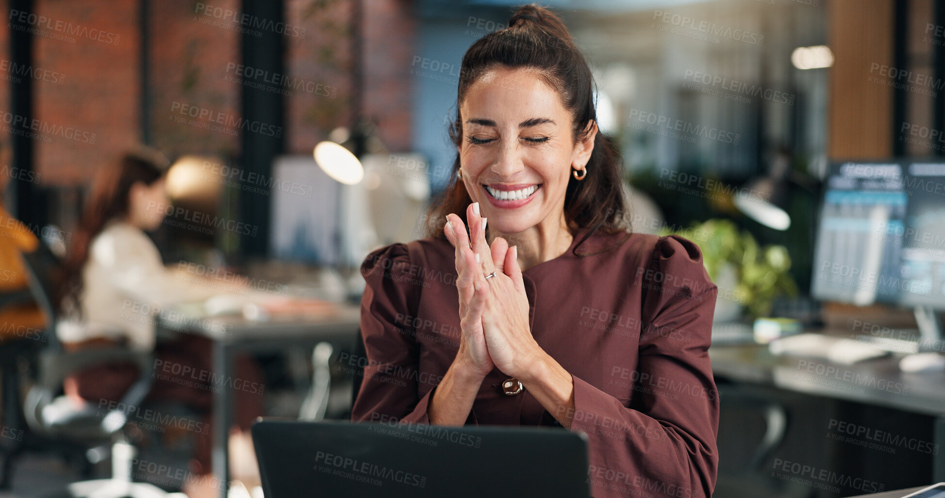 Buy stock photo Excited, businesswoman and clap in office with laptop, brand awareness goals and marketing success. Coworking, mature person and happy in workplace with applause, computer or ad campaign achievement.