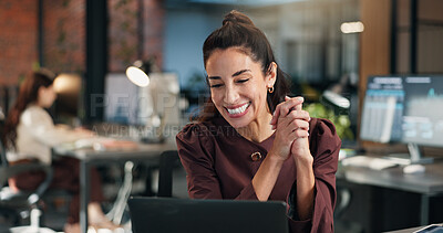 Buy stock photo Happy, businesswoman and good news in office with laptop, email and notification of investment offer. Coworking, mature person smile or reading in workplace with computer, funding opportunity or deal