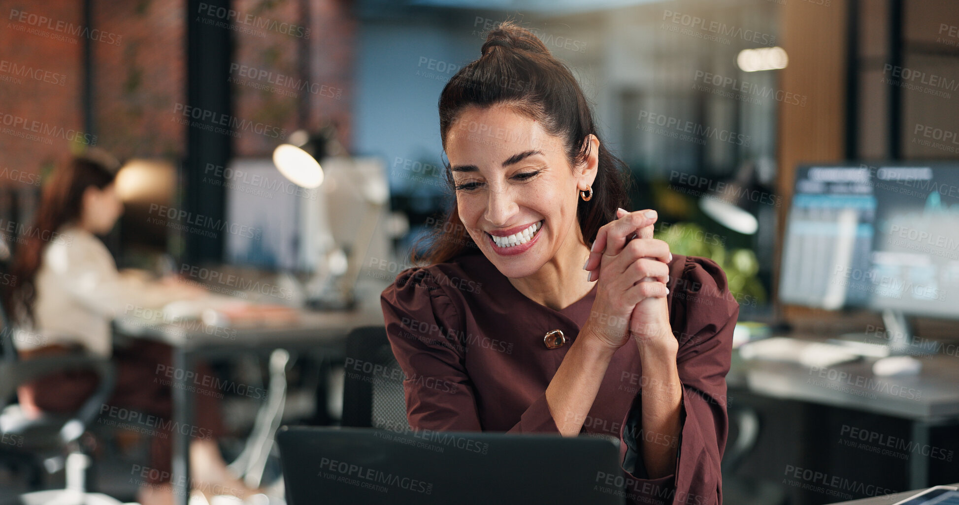 Buy stock photo Happy, businesswoman and good news in office with laptop, email and notification of investment offer. Coworking, mature person smile or reading in workplace with computer, funding opportunity or deal