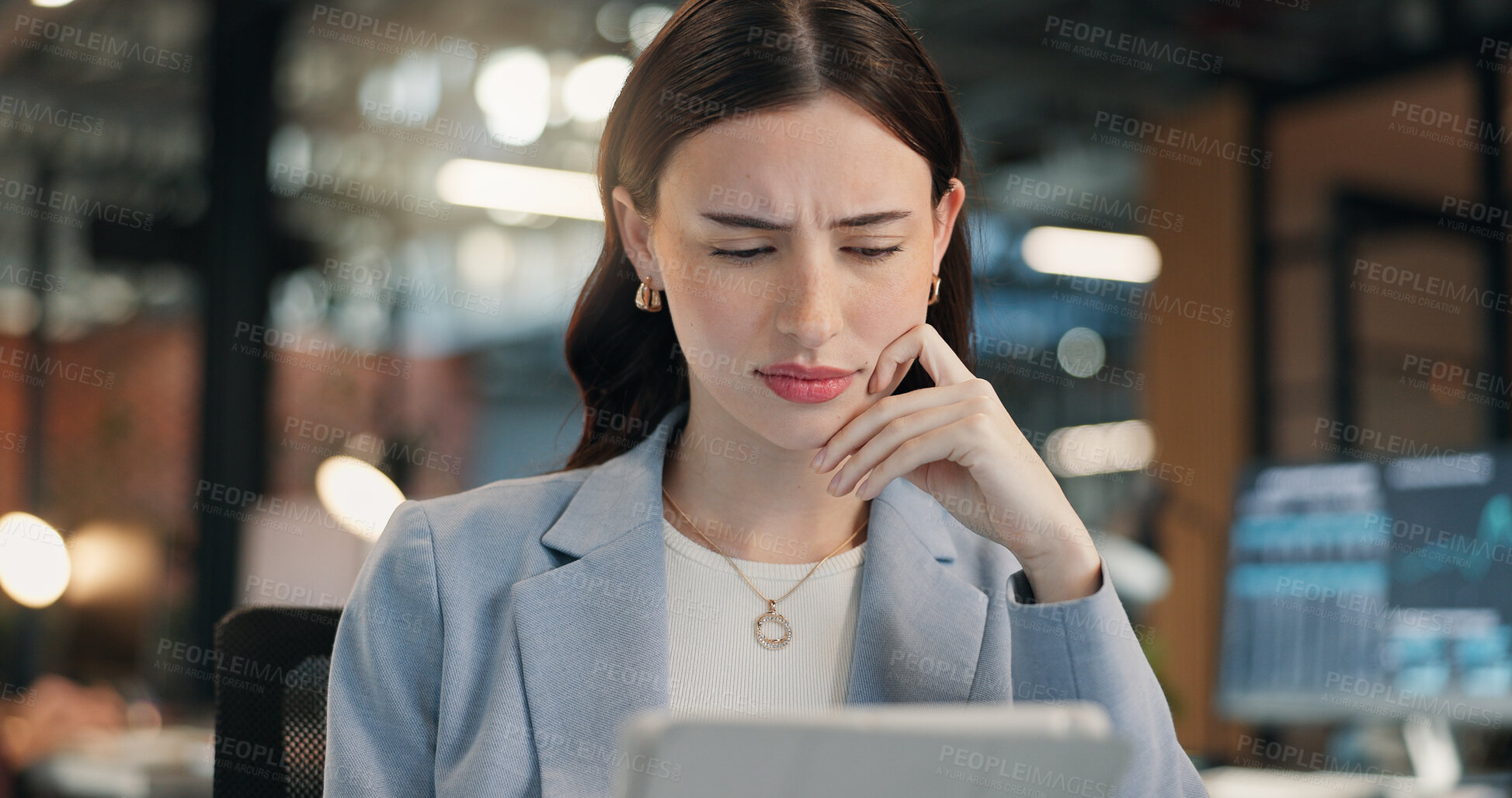 Buy stock photo Confused, woman and reading in office with tablet, stock market research and thinking for investment. Person, problem solving and browse in business with tech, doubt shares trading value and website.