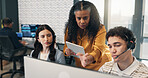 Coaching, feedback and technology with people in call center for development or support training. Computer, headset and tablet with floor manager speaking to employee team for customer service review