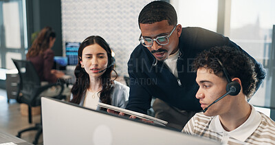Buy stock photo Coaching, computer and feedback with people in call center for development or support training. Advice, contact and headset with floor manager speaking to employee team for customer service review