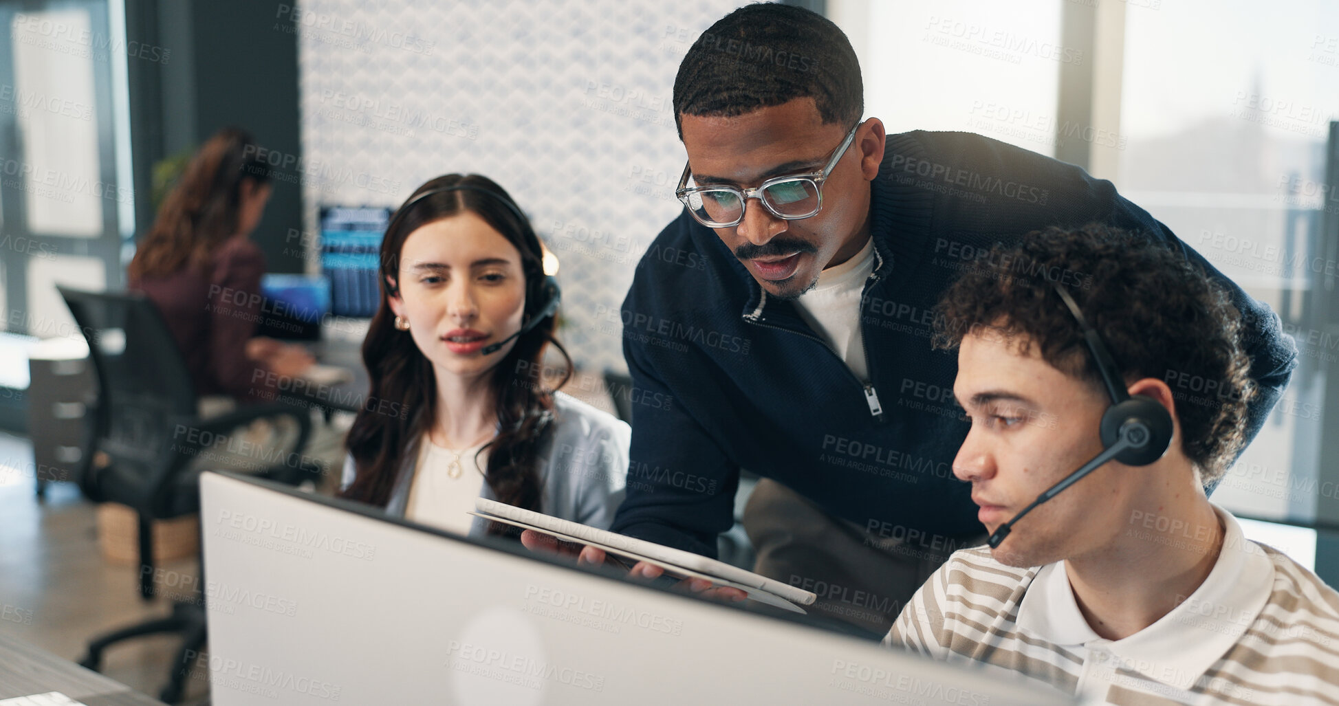Buy stock photo Coaching, computer and feedback with people in call center for development or support training. Advice, contact and headset with floor manager speaking to employee team for customer service review
