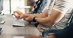Business people, computer and hands with wrist pain in office from injury, strain or article deadline. Media agency, coworking and journalist with joint ache from carpal tunnel, editing or discomfort