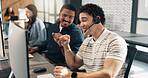 Call center, headset or men with computer, fist bump motivation or lead generation success in office. Coworking, mic or agent with tech, telesales encouragement or commission milestone with teamwork.