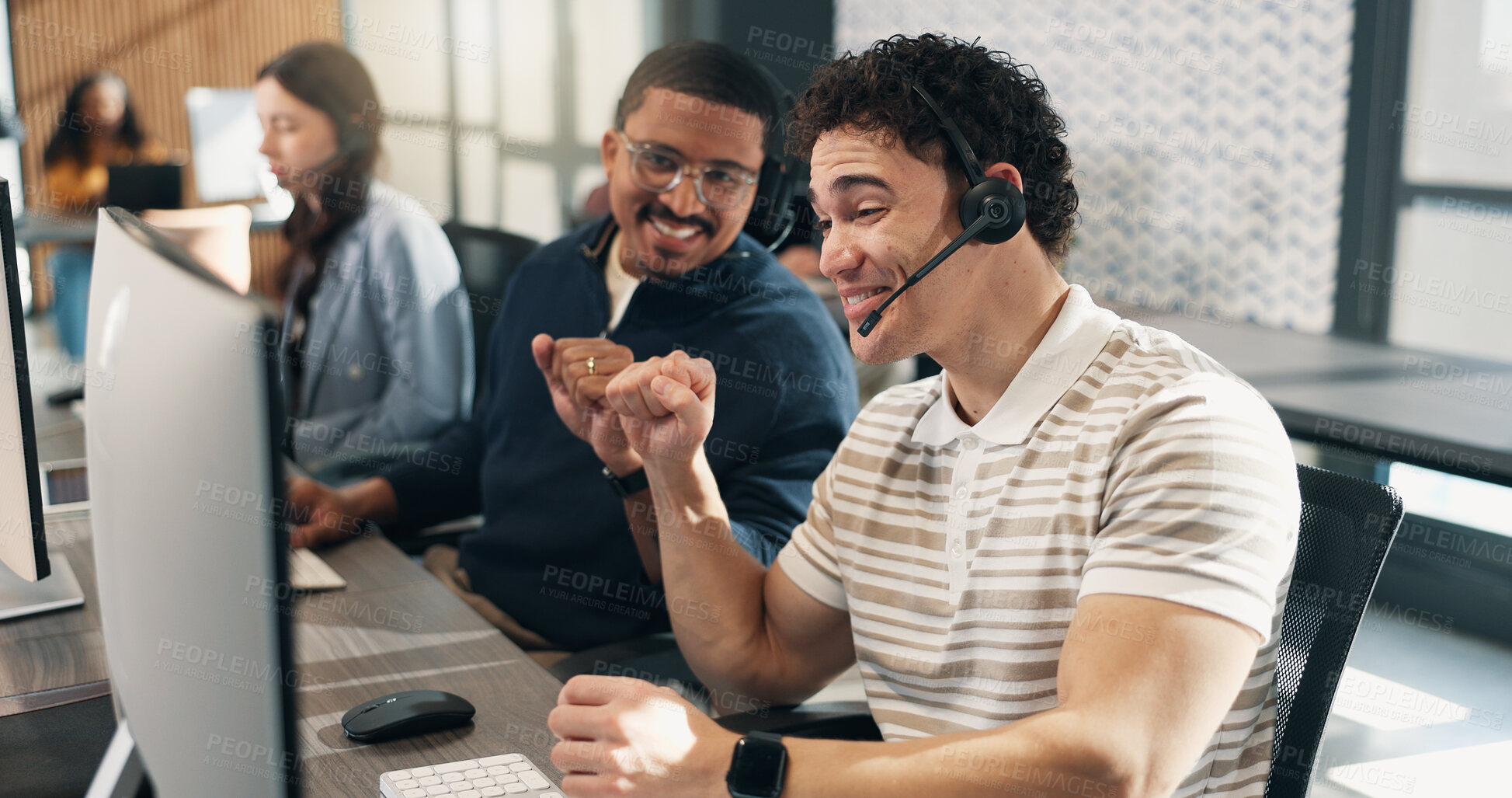 Buy stock photo Call center, headset or men with computer, fist bump motivation or lead generation success in office. Coworking, mic or agent with tech, telesales encouragement or commission milestone with teamwork.