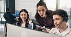 Advice, coaching and technology with people in call center for development or support training. Computer, feedback and tablet with floor manager speaking to employee team for customer service review