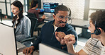 Call center, mic or men in office with fist bump, deal closed or motivation for lead generation. Coworking, headset or agent with tech, telemarketing success or encouragement for commission milestone