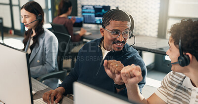 Buy stock photo Call center, mic or men in office with fist bump, deal closed or motivation for lead generation. Coworking, headset or agent with tech, telemarketing success or encouragement for commission milestone