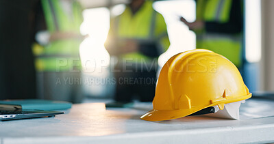 Buy stock photo Architect, helmet and meeting in office for safety inspection, workplace injury prevention and rules. People, collaboration and hard hat for construction project, PPE compliance or protocol for team.