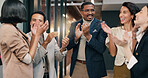 Happy, people and applause in office with success, collaboration and award for PR agency achievement. Team, smile and clap in business with celebration, goals and prize for public relations company.
