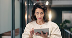 Businesswoman, walk and scroll in office with tablet, review press release and social media comment. Mature person, public relations manager and reading with tech, check PR statement and online news.