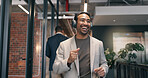 Streaming, dance and man in office with headphones, song rhythm and listening to music playlist. Happy, tech and employee in agency with fun time, upbeat groove and radio subscription on audio app.