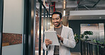 Tablet, smile and business man in office for development update, real estate deal or email. Technology, realtor and happy person in workplace for project review, reading report or property listing