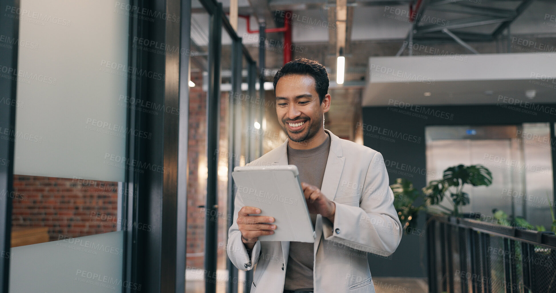 Buy stock photo Tablet, smile and business man in office for development update, real estate deal or email. Technology, realtor and happy person in workplace for project review, reading report or property listing