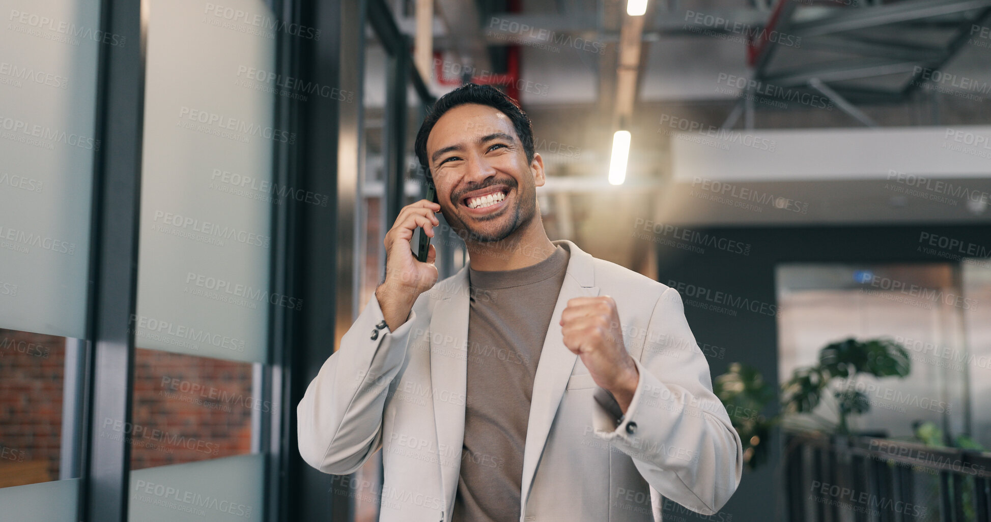 Buy stock photo Happy, man and fist pump in office with phone call, good news and opportunity for marketing agency. Person, smile and celebration in workplace with tech, contact and success for advertising company.