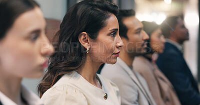 Buy stock photo Business, training or woman in office with attention, learning or presentation in budget review. Meeting, crowd or mature finance advisor with insight, coaching or engagement in corporate literacy.