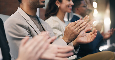 Buy stock photo Success, clap or hands in office with presentation, revenue growth or good news in budget review. Flare, people or finance team with applause, profit milestone or positive results in business meeting