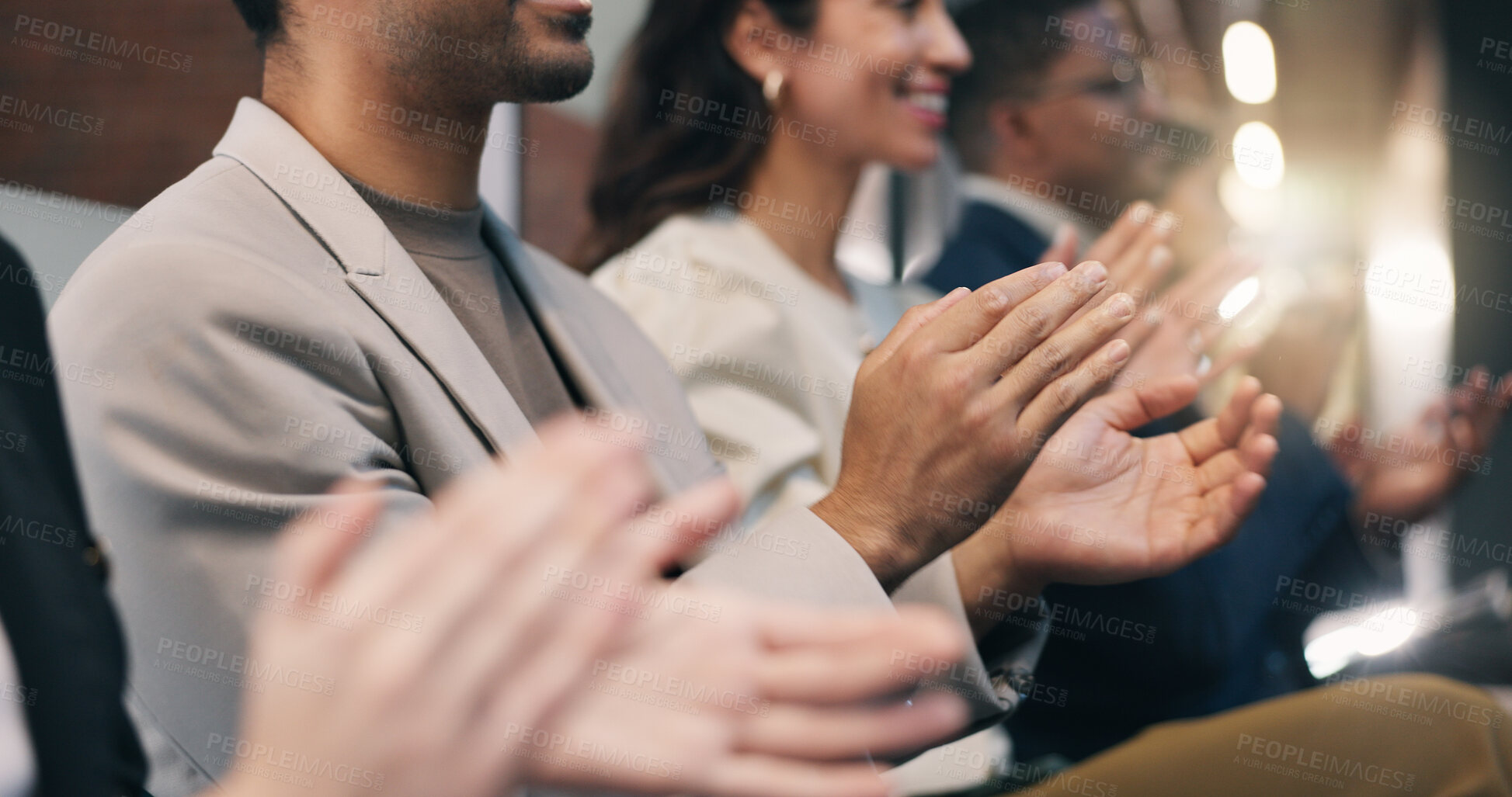 Buy stock photo Success, clap or hands in office with presentation, revenue growth or good news in budget review. Flare, people or finance team with applause, profit milestone or positive results in business meeting
