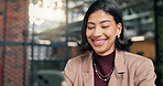 Texting, connection or woman in office with phone, online chat or post reaction on social media. Reading, space and happy employee with tech, digital communication or browse on virtual platform.