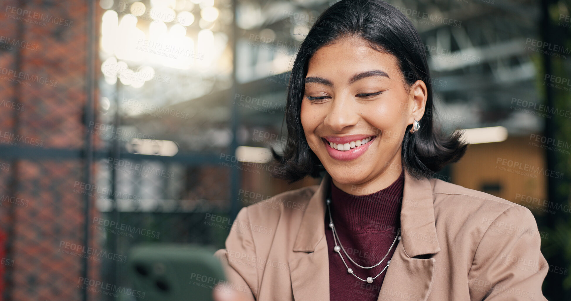 Buy stock photo Texting, connection or woman in office with phone, online chat or post reaction on social media. Reading, space and happy employee with tech, digital communication or browse on virtual platform.