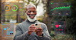 Hologram, stats and black man with mobile for fitness, heart rate or check performance in nature. Outdoor, wellness data and mature runner with tech for overlay, tracking cardio or happy for progress