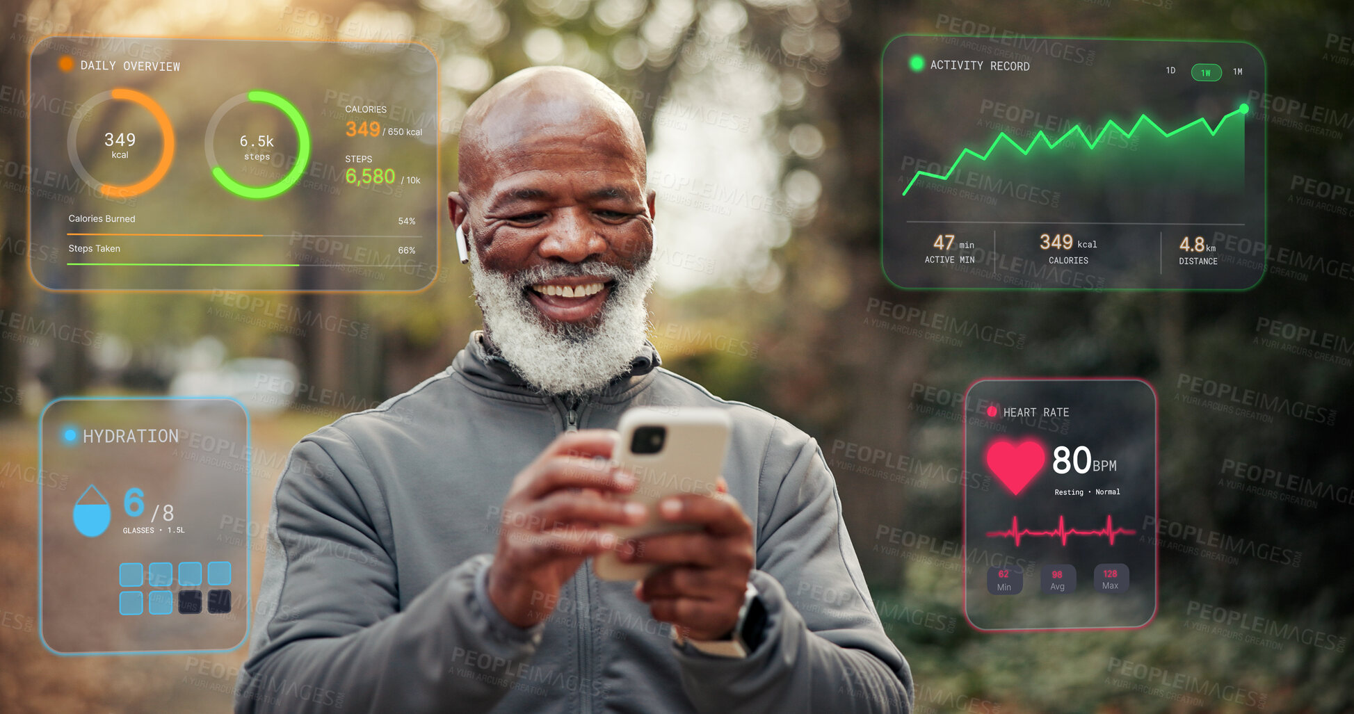 Buy stock photo Hologram, stats and black man with mobile for fitness, heart rate or check performance in nature. Outdoor, wellness data and mature runner with tech for overlay, tracking cardio or happy for progress