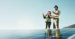 City, meeting and people with tablet for solar panel installation, inspection and planning for energy. Engineering, space and technicians on tech for grid maintenance, renewable electricity and power