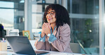 Happy, businesswoman and good news on laptop in office, online and financial development on website. Businessperson, smile and positive feedback on email, notification or investment banking with tech