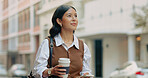 Thinking, business and woman in city with phone, research and contact buyer for real estate. Smile, female realtor and coffee in town with mobile, pricing property and daydreaming for auction inquiry