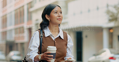 Buy stock photo Thinking, business and woman in city with phone, research and contact buyer for real estate. Idea, female realtor and coffee in town with mobile, pricing property and daydreaming for auction inquiry