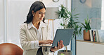 Business, employee and woman with laptop, typing and risk assessment with info and financial report. Online, research and person with technology, wealth management and budget review on web in office