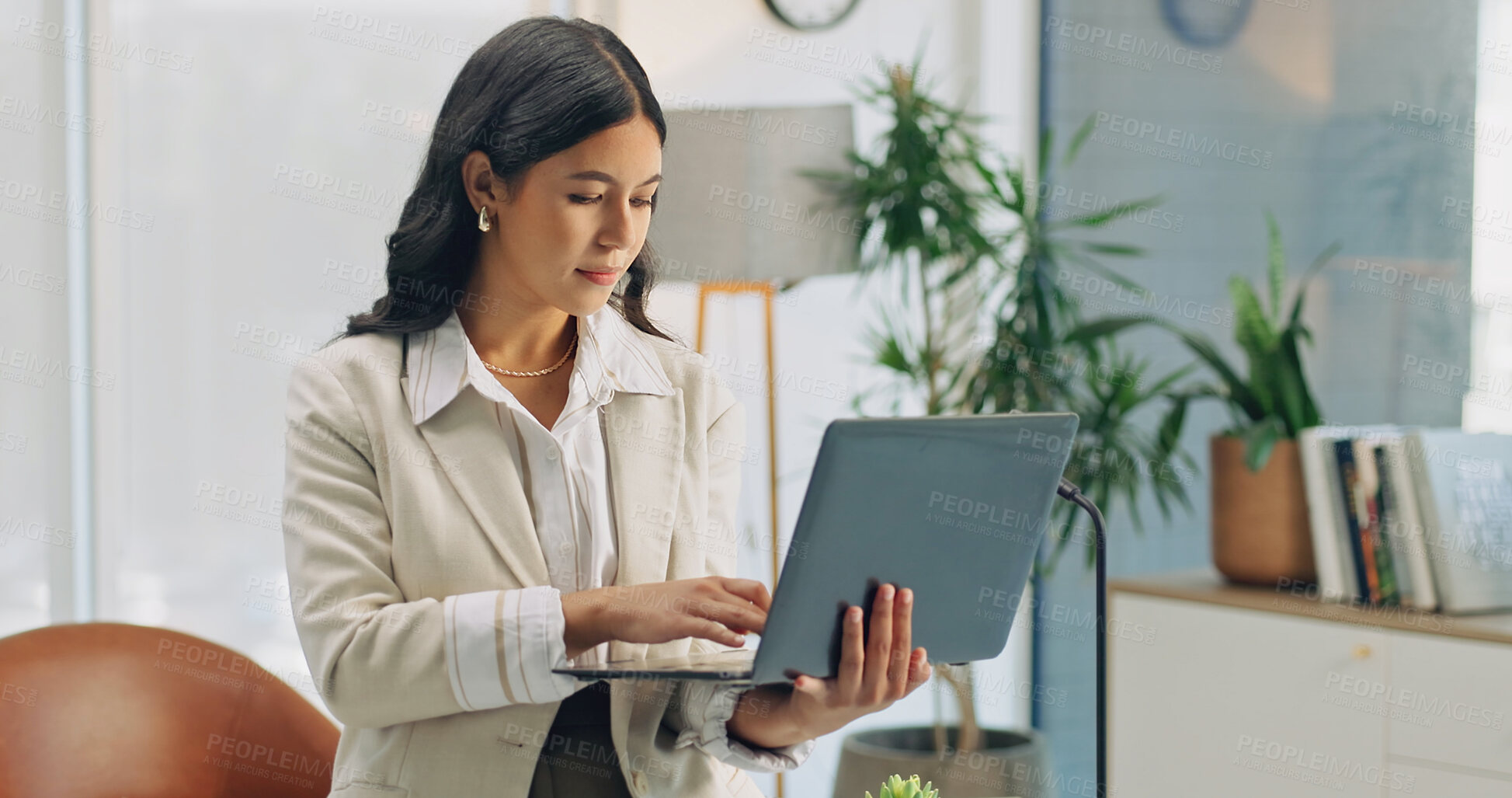 Buy stock photo Business, employee and woman with laptop, typing and risk assessment with info and financial report. Online, research and person with technology, wealth management and budget review on web in office