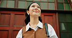 Business, woman and thinking with smile outdoor for job optimism, commute or interview reflection. Travel, happy professional or positive mindset for growth opportunity, career start or contemplating