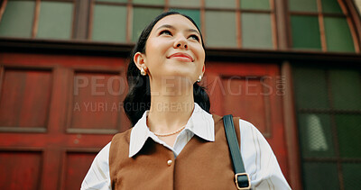 Buy stock photo Business, woman and thinking with smile outdoor for job optimism, commute and reflection. Travel, happy professional and positive mindset in city for growth opportunity, career start or contemplating