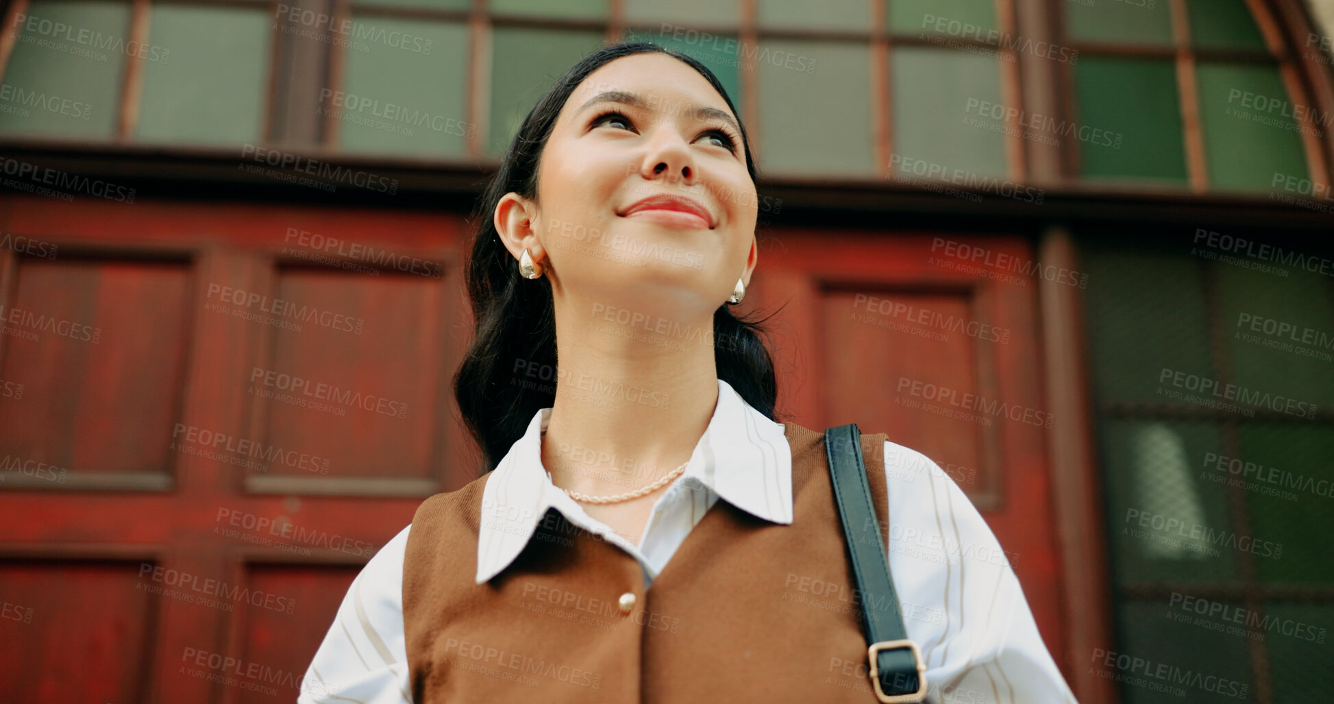 Buy stock photo Business, woman and thinking with smile outdoor for job optimism, commute and reflection. Travel, happy professional and positive mindset in city for growth opportunity, career start or contemplating