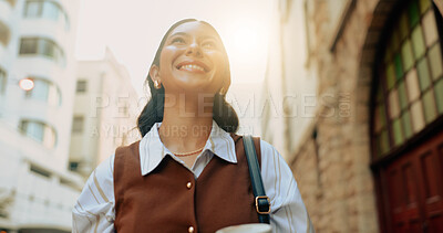Buy stock photo Business, woman and smile with walk in city for commute, job optimism and journey to interview. Outdoor, happy person or positive mindset for growth opportunity, travel or reflection for career start