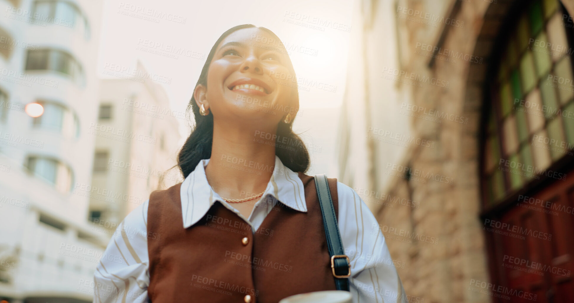 Buy stock photo Business, woman and smile with walk in city for commute, job optimism and journey to interview. Outdoor, happy person or positive mindset for growth opportunity, travel or reflection for career start