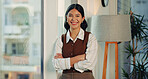 Portrait, smile and woman in office with confidence, about us and career growth with tax accountant. Happy person, professional and arms crossed in enterprise as VAT specialist for finance in Spain