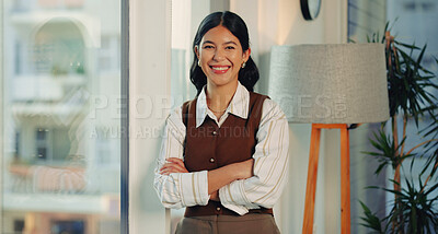 Buy stock photo Portrait, smile and woman in office with confidence, about us and career growth with tax accountant. Happy person, professional and arms crossed in enterprise as VAT specialist for finance in Spain