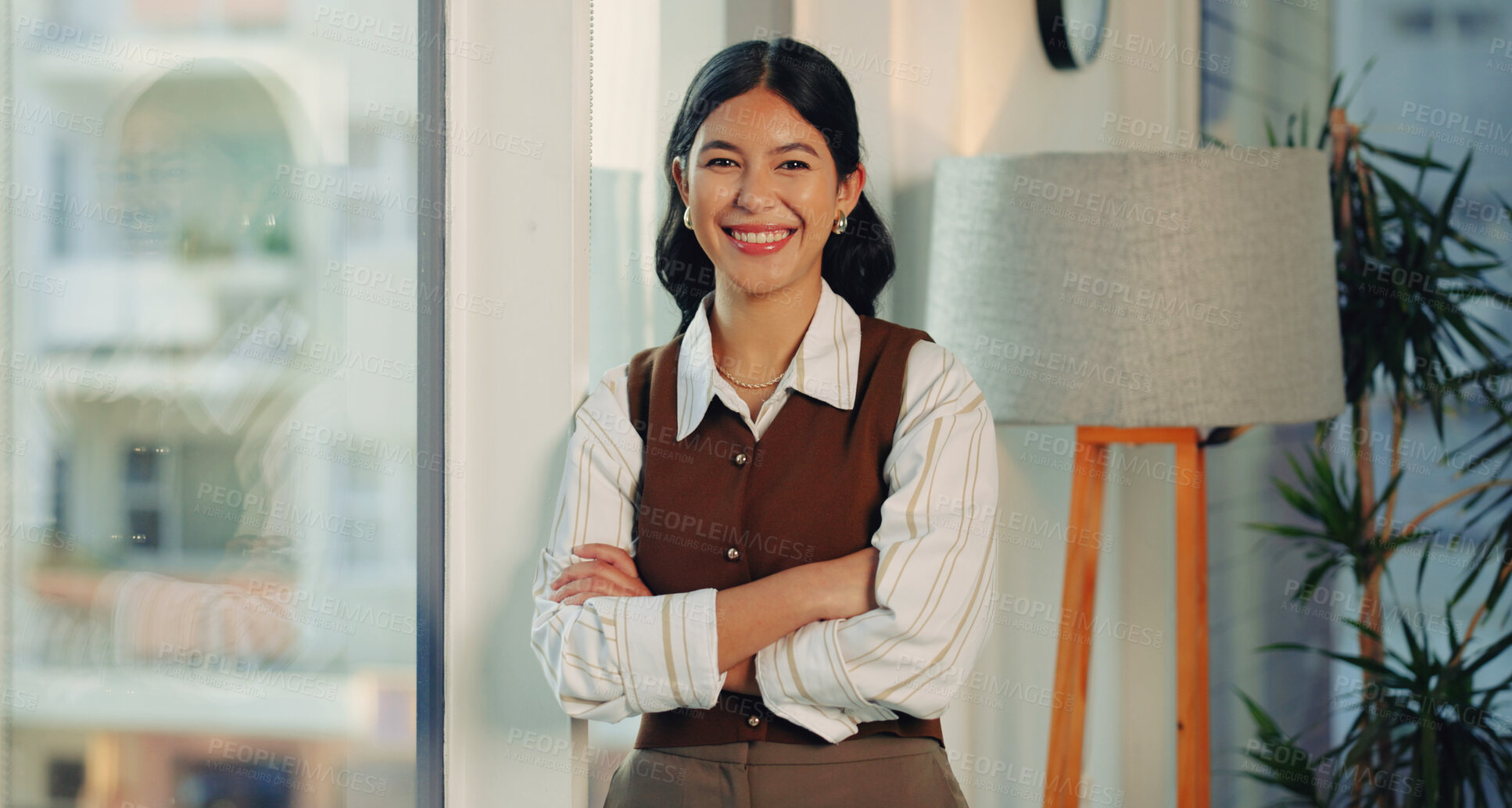 Buy stock photo Portrait, smile and woman in office with confidence, about us and career growth with tax accountant. Happy person, professional and arms crossed in enterprise as VAT specialist for finance in Spain