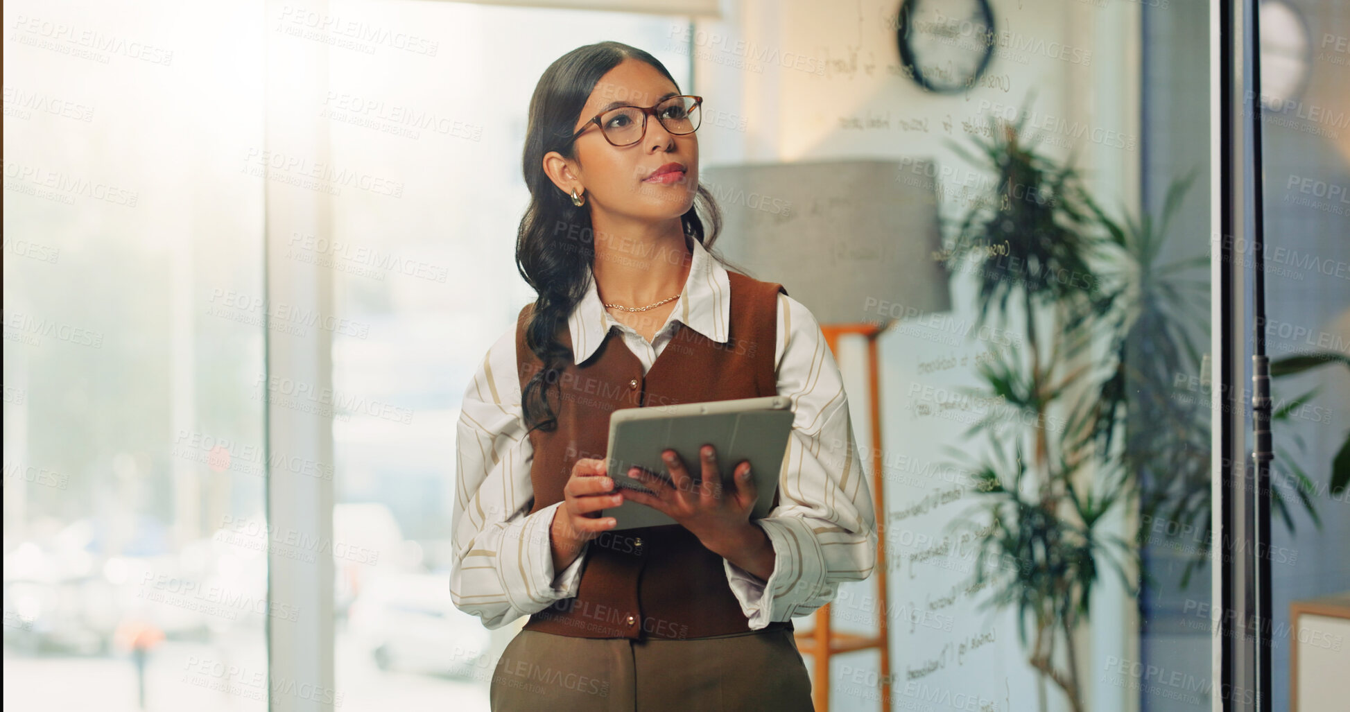Buy stock photo Thinking, glasses and businesswoman with tablet in office, online and risk assessment with research. Reflection, eyewear and person with tech, wealth management and budget on website in business