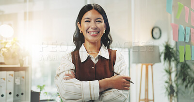 Buy stock photo Confidence, smile and woman in office by glass wall, about us and career growth with tax accountant. Happy person, professional and portrait in enterprise as VAT specialist, finance and arms folded