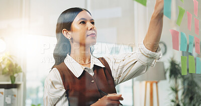 Buy stock photo Business, woman and reading in office with sticky note, planning and legal strategy for court case. Female person, lawyer or review at law firm with moodboard, evidence and trial schedule for lawsuit