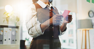Buy stock photo Hands, planning and woman in office with sticky note, business and legal strategy for court case. Female person, lawyer and reading at law firm with moodboard, evidence and trial schedule for lawsuit